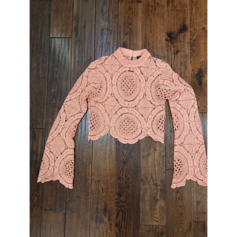 Boohoo Peach Crochet Lace Crop Top Womens 6 Long Sleeve Boho Festival